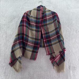 Oversized Classic Plaid Cozy Fall Blanket Square Scarf Red Beige Fringe Trim